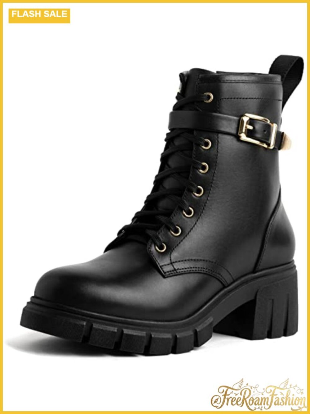 Leather Lace Up Ankle Boots Block Heel Round Toe Work Booties